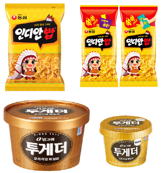 식음료업계가 용량과 크기를 줄인 '미니' 제품으로 성과를 거두고 있다. <농심, 빙그레 제공>